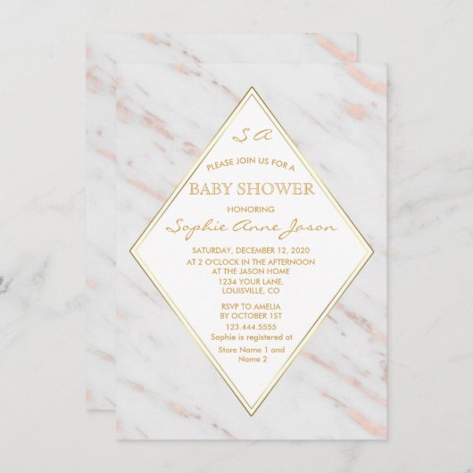 ダイヤエレガントモンドバラ金ゴールド大理石ベビーシャワー 招待状 (正面/裏面)