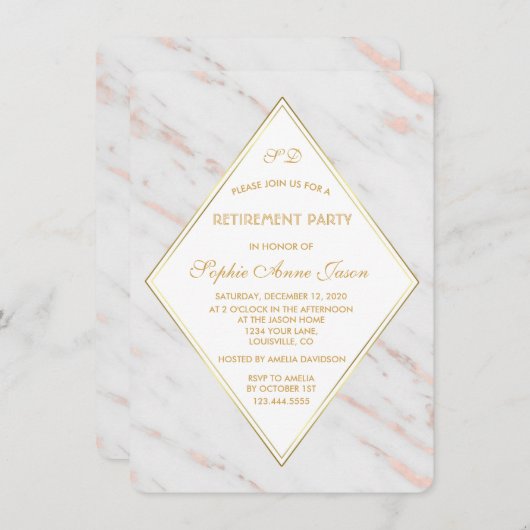 ダイヤエレガントモンドバラ金ゴールド大理石退職パーティー 招待状 (正面/裏面)