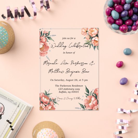 ダイヤエレガントモンド付きピーチ結婚ブーケ アクリル招待状 (インサイチュ (お祝い))