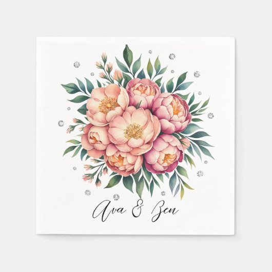 ダイヤエレガントモンド付きピーチ結婚ブーケ スタンダードカクテルナプキン (正面)