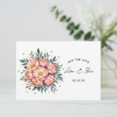 ダイヤエレガントモンド付きピーチ結婚ブーケ セーブザデート (スタンド正面)