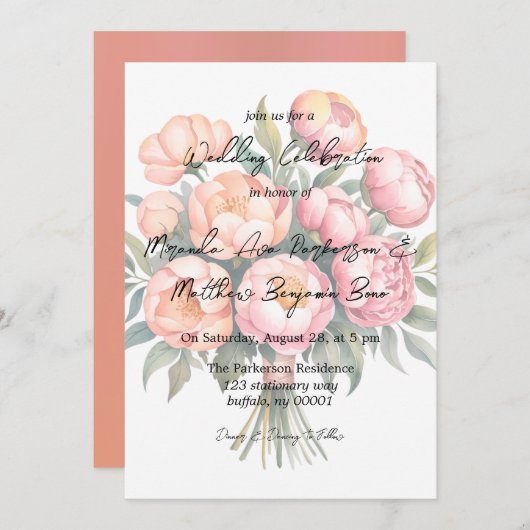 ダイヤエレガントモンド付きピーチ結婚ブーケ 招待状 (正面/裏面)