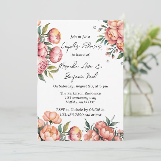ダイヤエレガントモンド付き桃の花束カップルのシャワー 招待状 (スタンド正面)