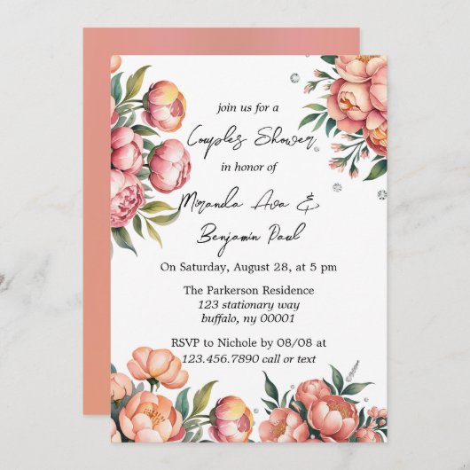 ダイヤエレガントモンド付き桃の花束カップルのシャワー 招待状 (正面/裏面)