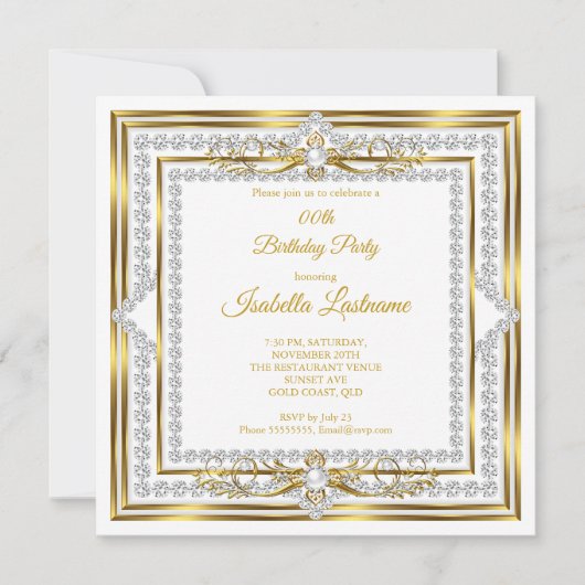 ダイヤエレガントモンド金ゴールドホワイトパールバースデーパーティー 招待状 (正面)