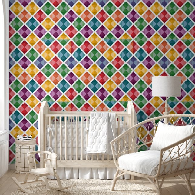 ダイヤカラフルモンド模様の壁のカーテン&壁紙 壁紙 (キッズ)