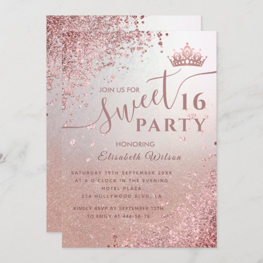 ダイヤクールモンドグリッターバラ金ゴールドティアラ甘い16 招待状 (正面/裏面)