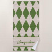 ダイヤパーソナライズされたン市松模様にグ緑+ベージュ ビーチタオル (正面)