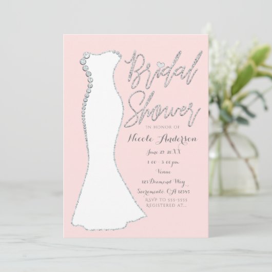 ダイヤモンドきらきら光るズ結婚ドレスピンクブライダルシャワー 招待状 (スタンド正面)