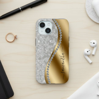 ダイヤモンドきらきら光る金ゴールドメタルパーソナライズされたスクリプト iPhone 15ケース
