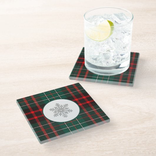 ダイヤモンドきらめくスノーフレーククリスマスレッドグリーン ガラスコースター (アングル)