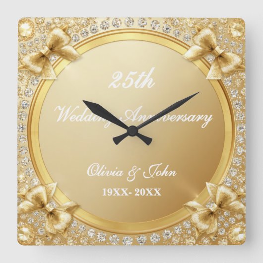 ダイヤモンドとゴールドの結婚25周年記念ギフト スクエア壁時計 (正面)