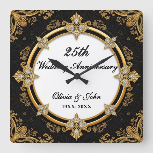 ダイヤモンドとゴールドの結婚25周年記念ギフト スクエア壁時計 (正面)