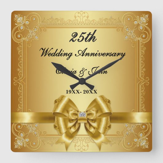 ダイヤモンドとゴールドの結婚25周年記念ギフト スクエア壁時計 (正面)