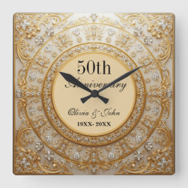 ダイヤモンドとゴールドの結婚50周年記念 スクエア壁時計