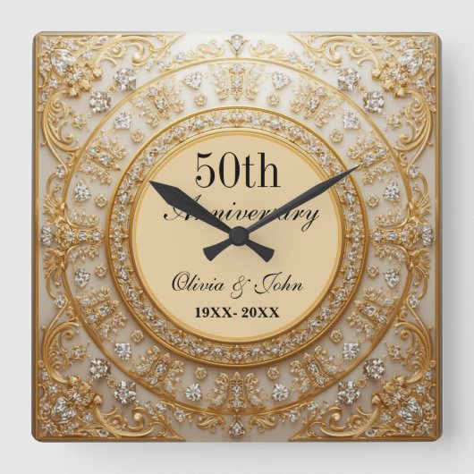 ダイヤモンドとゴールドの結婚50周年記念 スクエア壁時計 (正面)