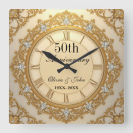 ダイヤモンドとゴールドの結婚50周年記念 スクエア壁時計