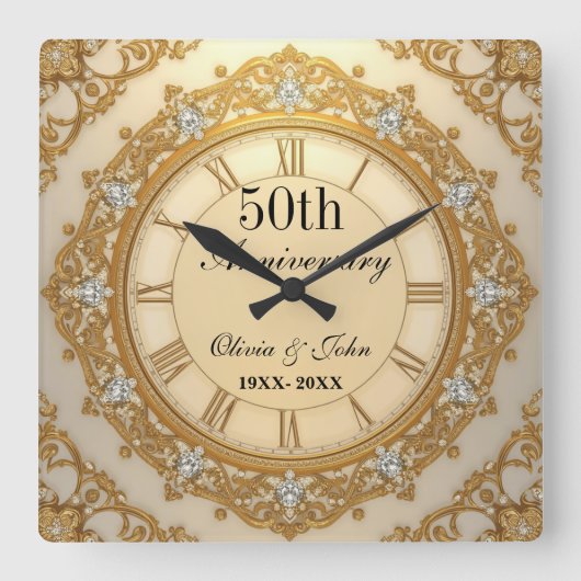 ダイヤモンドとゴールドの結婚50周年記念 スクエア壁時計 (正面)