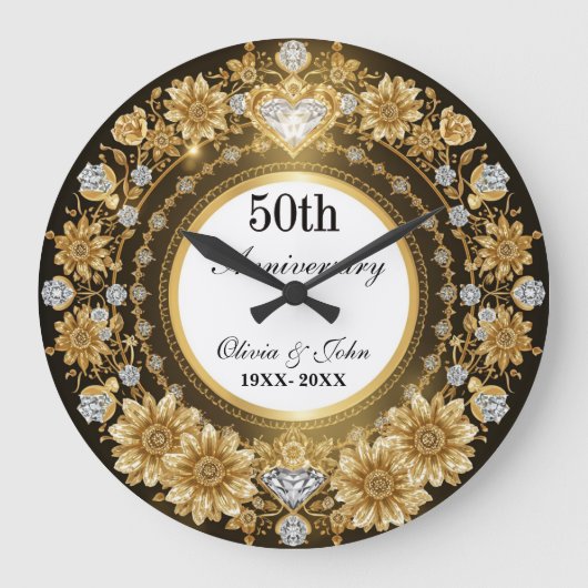 ダイヤモンドとゴールドの結婚50周年記念 ラージ壁時計 (正面)