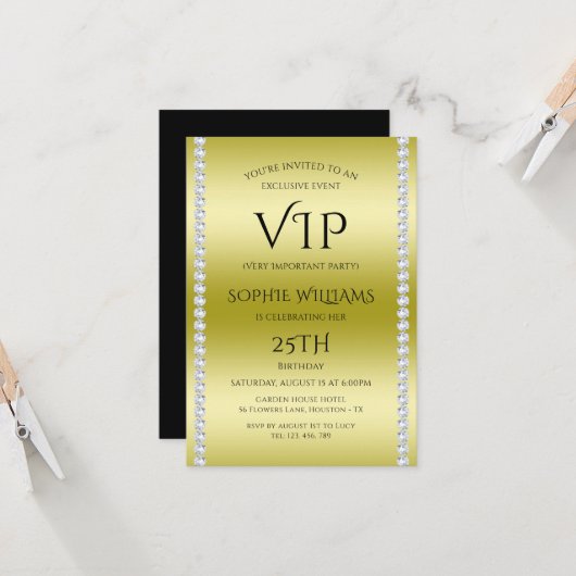 ダイヤモンドとゴールドのVIP誕生日パーティー 招待状 (正面/裏面インサイチュ)