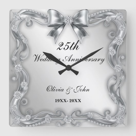 ダイヤモンドとシルバーでお祝いする結婚25周年記念ギフト スクエア壁時計 (正面)