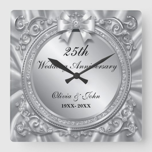 ダイヤモンドとシルバーでお祝いする結婚25周年記念ギフト スクエア壁時計 (正面)