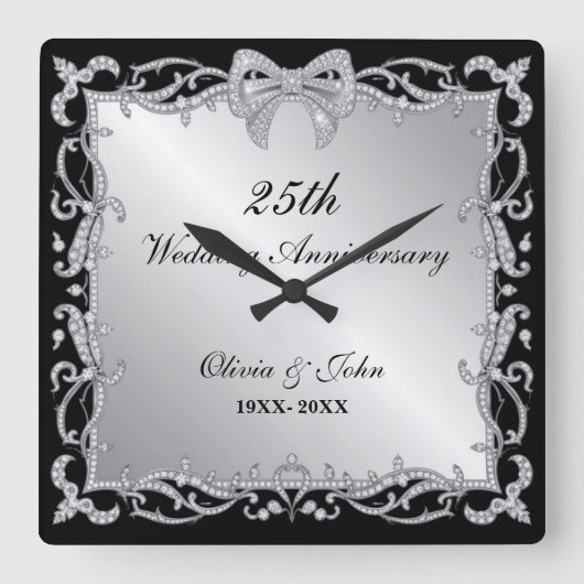 ダイヤモンドとシルバーでお祝いする結婚25周年記念ギフト スクエア壁時計 (正面)