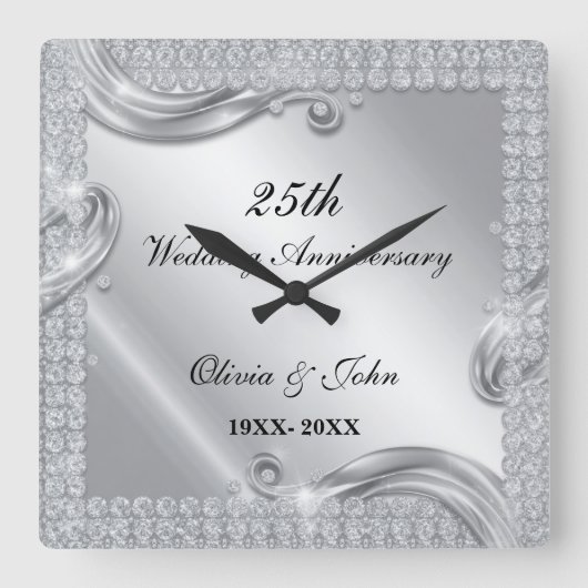 ダイヤモンドとシルバーでお祝いする結婚25周年記念ギフト スクエア壁時計 (正面)