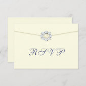 ダイヤモンドとパールのブローチが付いた封筒の返信カード 出欠カード (正面/裏面)