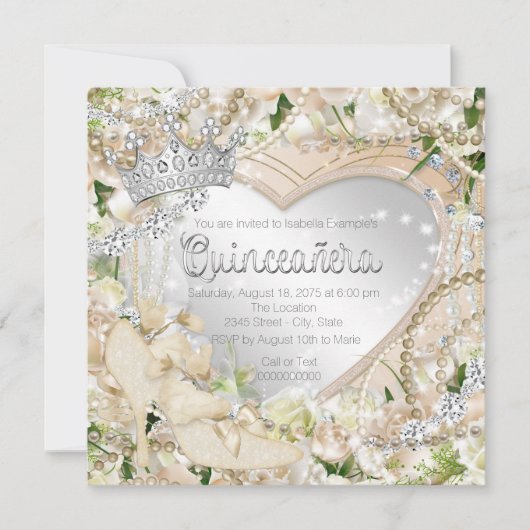 ダイヤモンドとパールのホワイトローズのキンチャネラ 招待状 (正面)