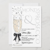 ダイヤモンドとプロセッコのエレガントな弓の結婚前のお祝い 招待状 (正面)