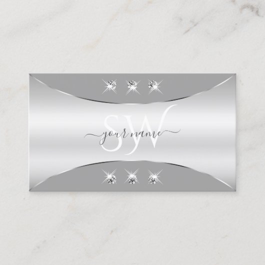 ダイヤモンドとモノグラムを持つ豪華なシルバーグレー 名刺 (正面)