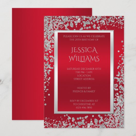 ダイヤモンドとルビーレッドのコンフェッティ誕生日パーティー 招待状 (正面/裏面)