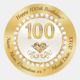 ダイヤモンドと真珠、金ゴールド、第100誕生日シール ラウンドシール