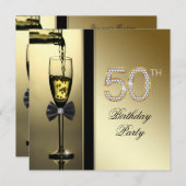 ダイヤモンドと金ゴールドシャンパン50thバースデーパーティー 招待状 (正面/裏面)