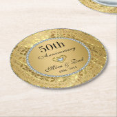 ダイヤモンドと金ゴールドダマスク。金婚式 ラウンドペーパーコースター (アングル)