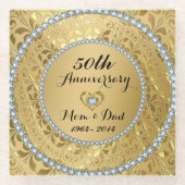 ダイヤモンドと金ゴールドフローラ。金婚式 ガラスコースター (正面)