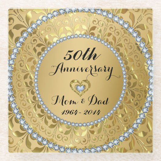 ダイヤモンドと金ゴールドフローラ。金婚式 ガラスコースター (正面)