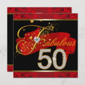 ダイヤモンドと金ゴールドレッド素晴らしい50th誕生日パーティー 招待状 (正面/裏面)
