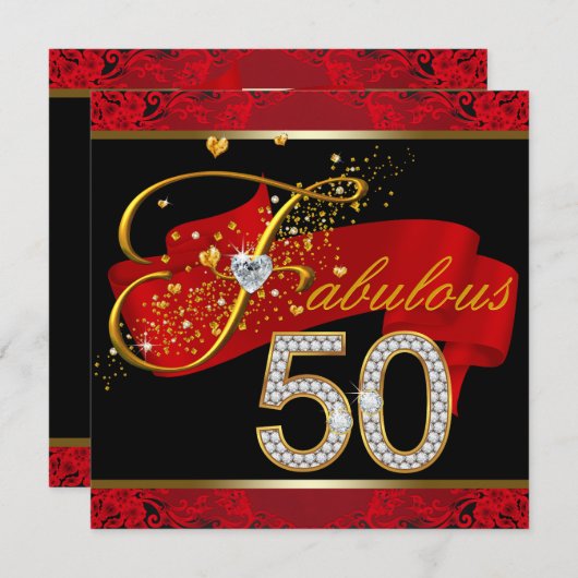 ダイヤモンドと金ゴールドレッド素晴らしい50th誕生日パーティー 招待状 (正面/裏面)