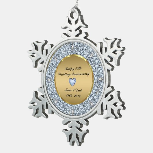 ダイヤモンドと金ゴールド結婚50周年 スノーフレークピューターオーナメント (右)
