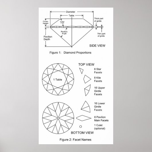 ダイヤモンドのカットされたファセットの比率と名前のグラフ ポスター (正面)