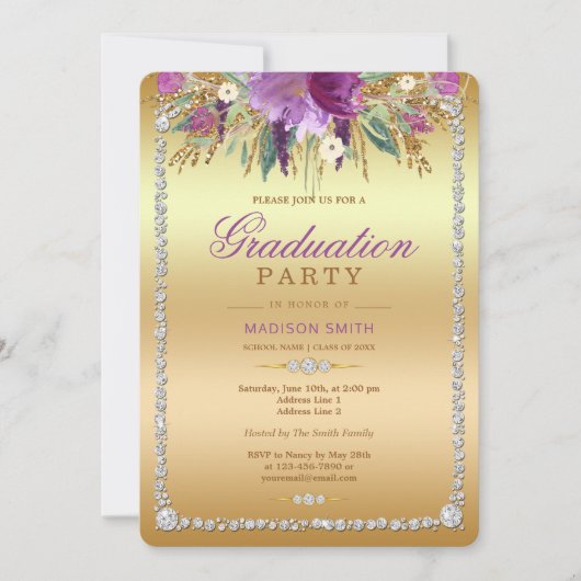 ダイヤモンドのグリッターの水彩画の花の金ゴールドの卒業生のパーティー 招待状 (正面)