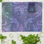 ダイヤモンドのダマスク織、ティール（緑がかった色）および紫色のモロッコ キッチンタオル (折り畳み)