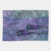 ダイヤモンドのダマスク織、ティール（緑がかった色）および紫色のモロッコ キッチンタオル (横)