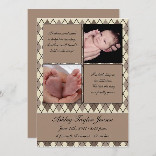 ダイヤモンドのチェック模様の誕生の発表 案内状 (正面/裏面)