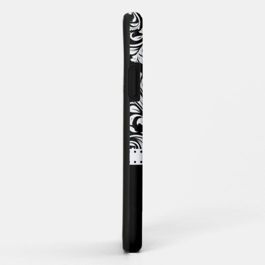 ダイヤモンドのハート及びモノグラムが付いている黒く及び白いダマスク織 Case-Mate iPhoneケース (裏面/右)