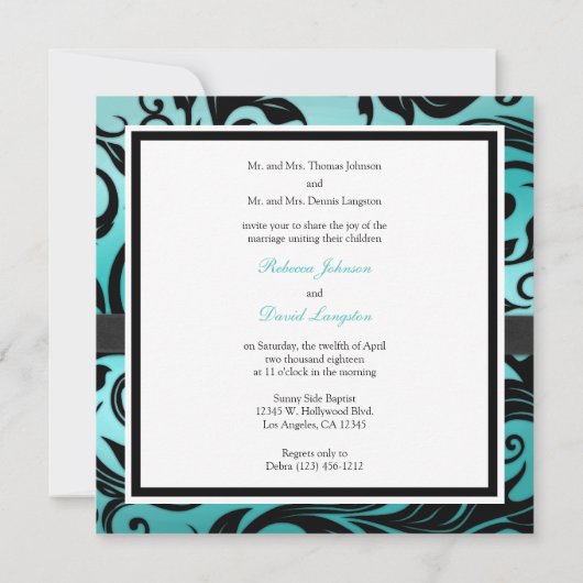 ダイヤモンドの弓が付いているエレガントなティール(緑がかった色)の青いダマスク織 招待状 (裏面)