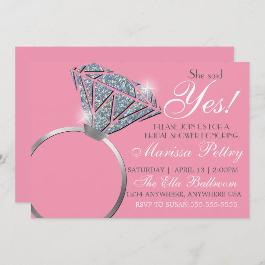 ダイヤモンドの指輪, ブライダルシャワー, 彼女はイエスと言った, ピンク 招待状 (正面/裏面)