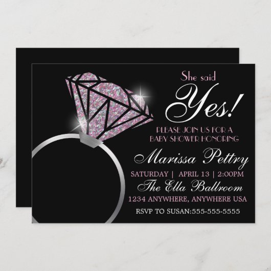 ダイヤモンドの指輪、ベイビーシャワー、彼女はピンクの「イエス」と言った 招待状 (正面/裏面)